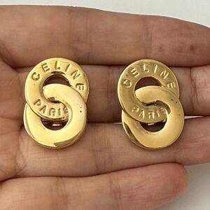 Authentic Celine Paris Interlocking 2 Circles Clip-on Earrings Gold Plated